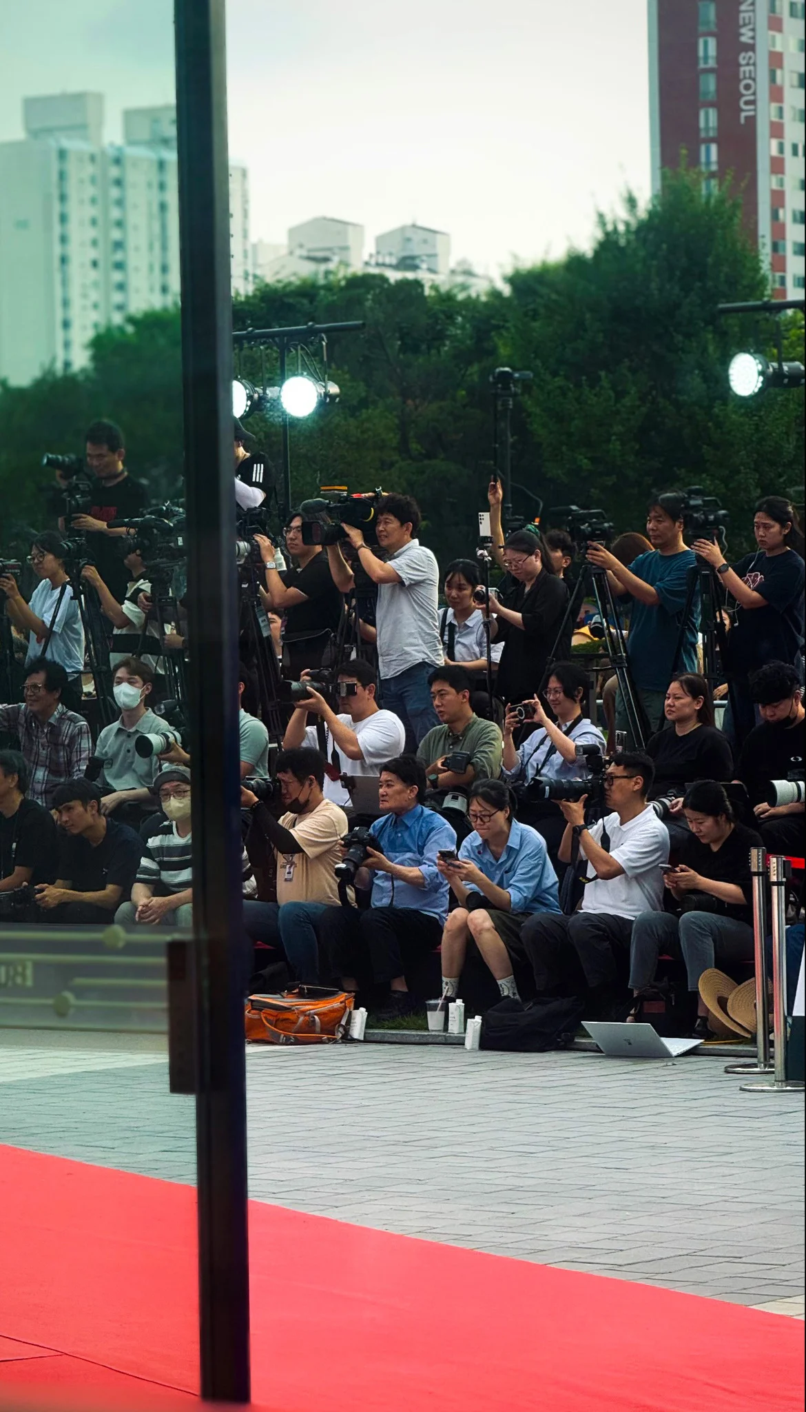 View from inside onto the red carpet, where cameramen are waiting.